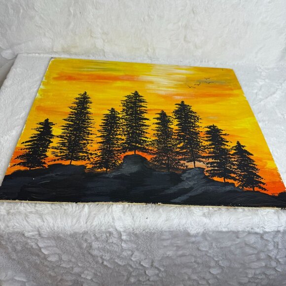 Sunset Forest Silhouette Acrylic Painting On Wood Panel by Pencil to Paint - Picture 2 of 7